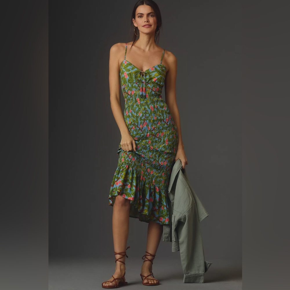 Anthropologie Green Floral Midi Dress
